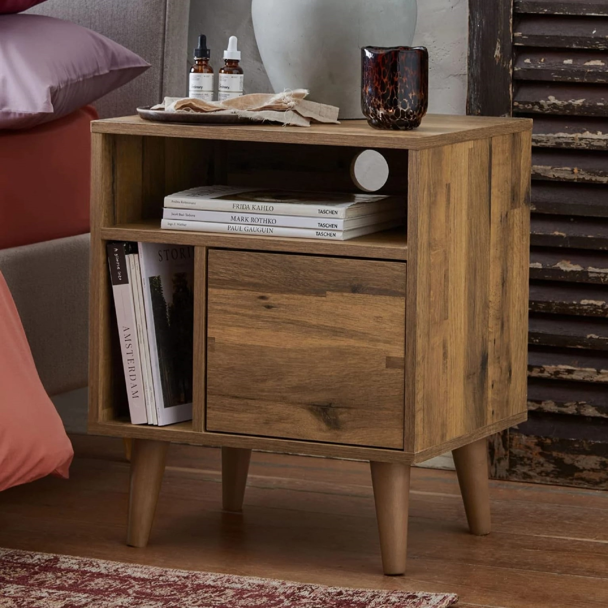 WOODEN BED SIDE TABLE WITH MULTI COMPARTMENT