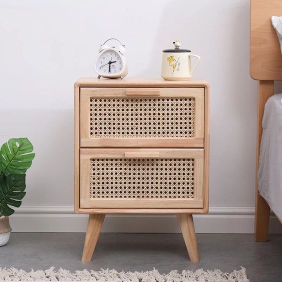 CANE WOVEN WOODEN BED SIDE TABLE 