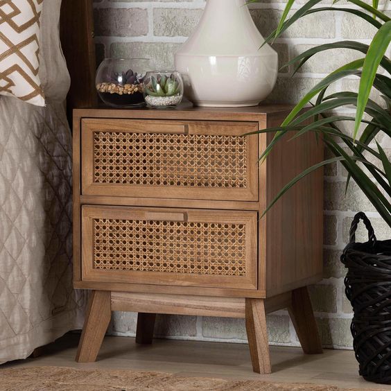 CANE WOVEN WOODEN BED SIDE TABLE (MADE ON ORDER)